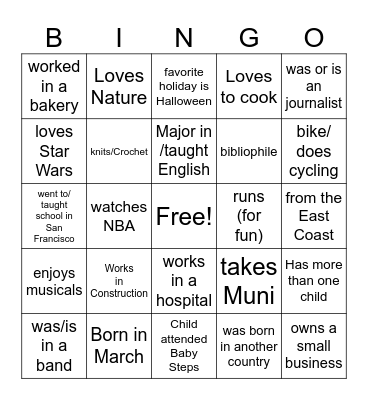 Bingo for parents and adult guest Bingo Card