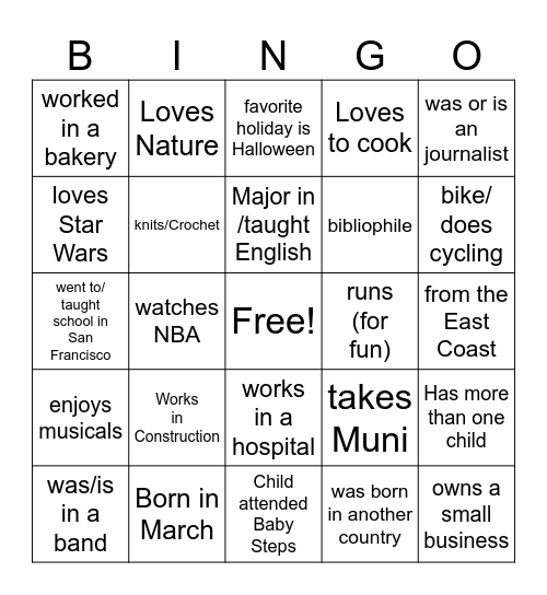 Bingo for parents and adult guest Bingo Card