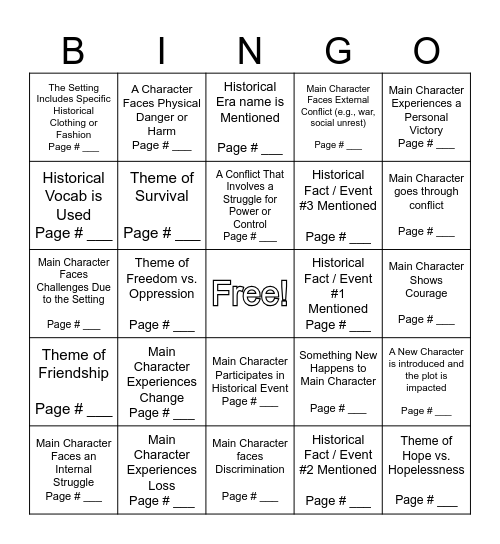 Historical Fiction Bingo Card Bingo Card