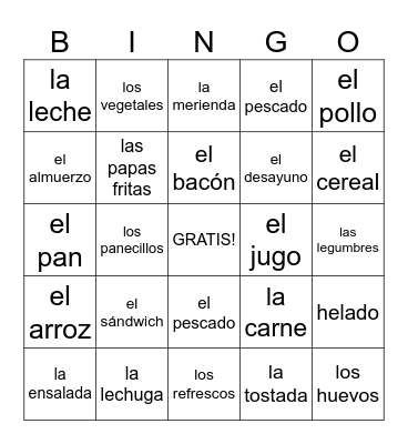 comidas Bingo Card