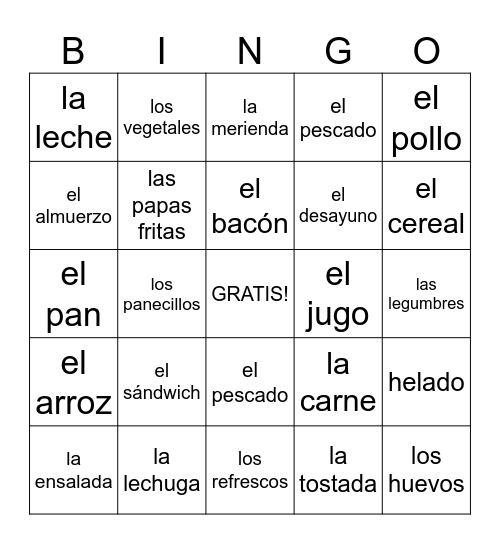 comidas Bingo Card