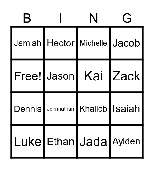 Classroom Names Bingo Card