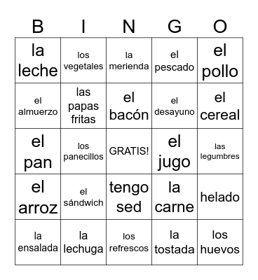 comidas Bingo Card