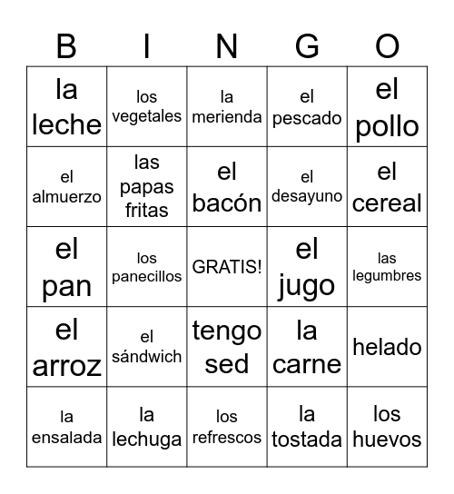 comidas Bingo Card