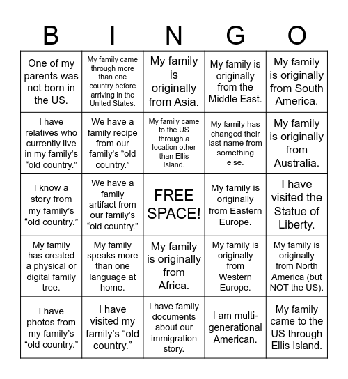 Immigration Bingo Card