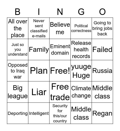 Debate Game Bingo Card