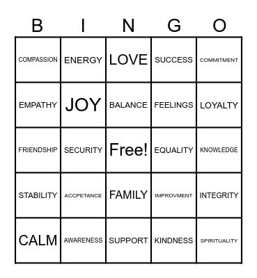 Values Bingo Card