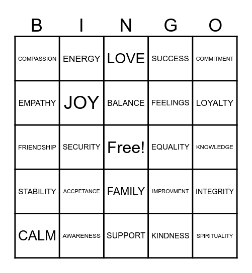 Values Bingo Card