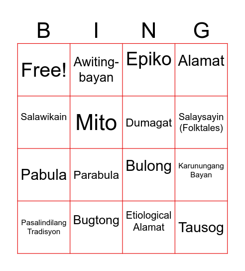 Panitikan Bingo Card