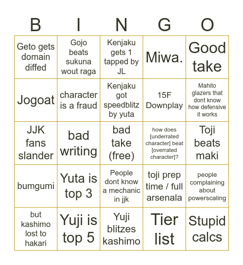 The z's jjk powerscaling bingo Card