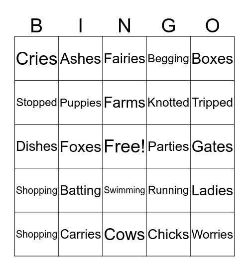 Word Sort Bingo Card