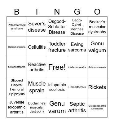 PEDIATRIC MSK BINGO Card