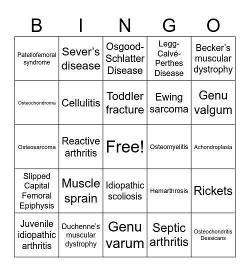 PEDIATRIC MSK BINGO Card
