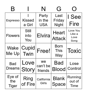 Pop Music Bingo Card