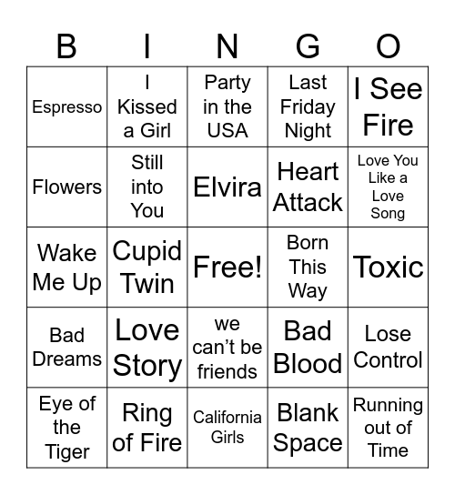 Pop Music Bingo Card