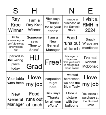Time to Shine BINGO Card