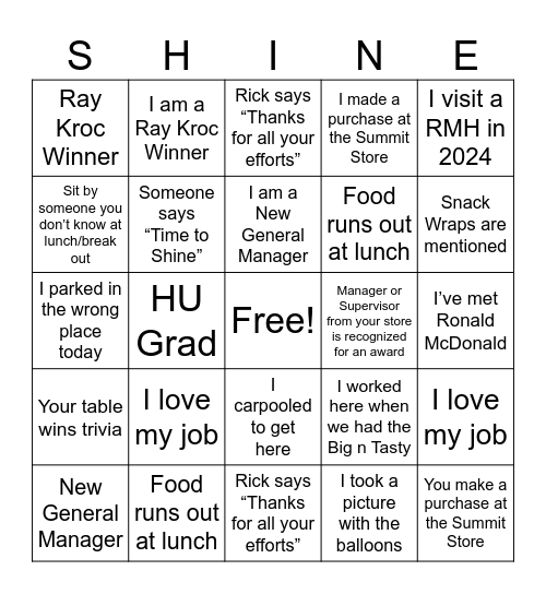 Time to Shine BINGO Card
