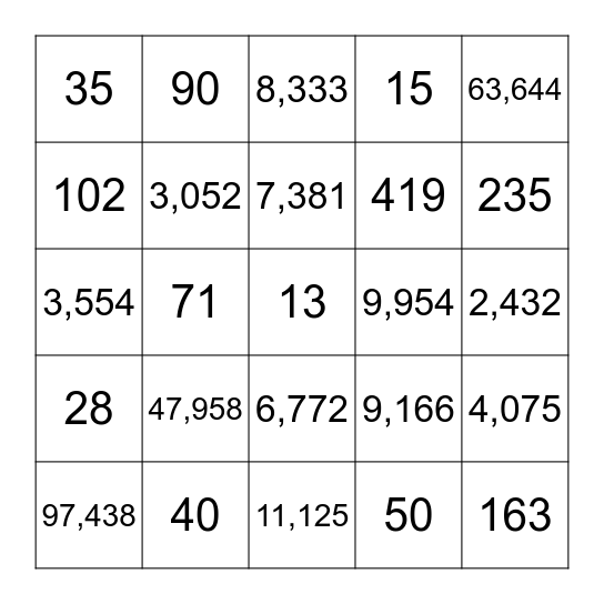 Numbers Bingo Card