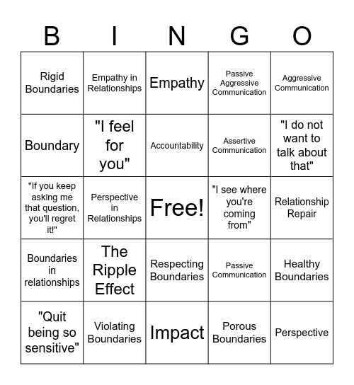 Empathy, Perspective Taking, Boundaries! Bingo Card