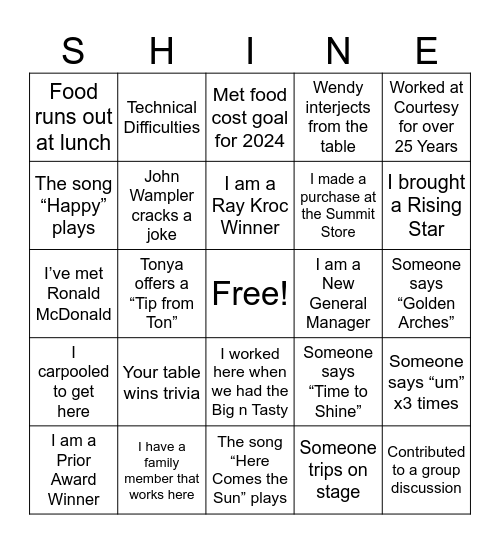 Time to Shine BINGO Card