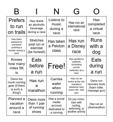Runner's Bingo Card