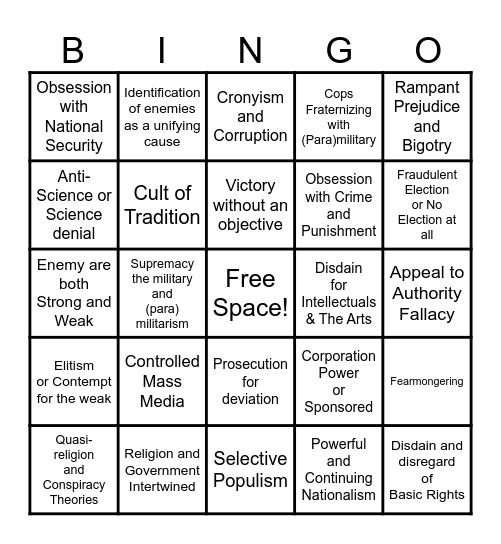 Facism Faction Bingo Card