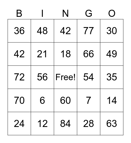 Multiplication 6 & 7 Bingo Card