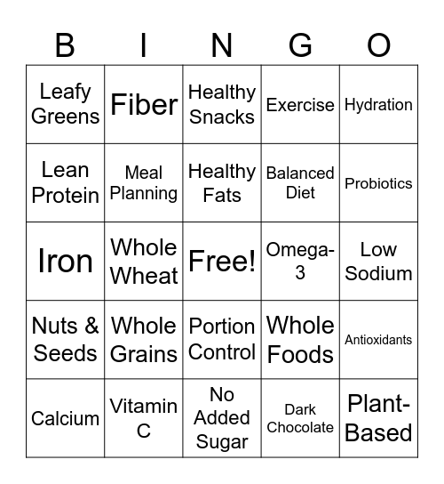 Healthy Eating Bingo Card