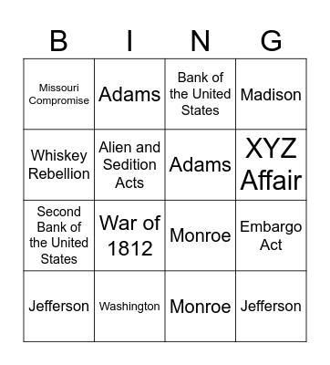 First Five Presidents Bingo Card