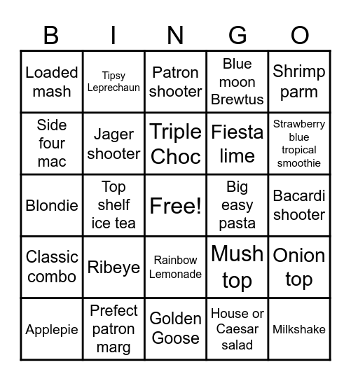 Applebees Bingo Card
