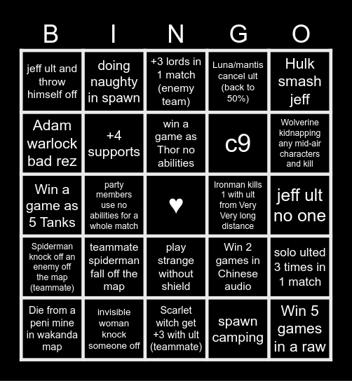 Marvel Rivals Bingo Card