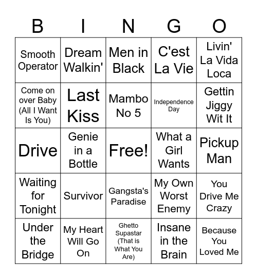 Music Bingo 90's Bingo Card