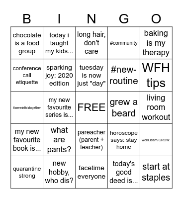 Work From Home BINGO Card