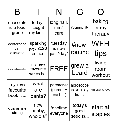 Work From Home BINGO Card