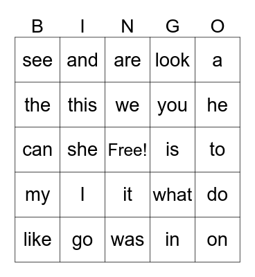 Sight Words Bingo Card