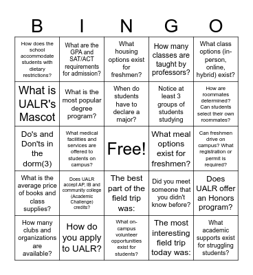 College Field Trip Bingo 2025 Bingo Card