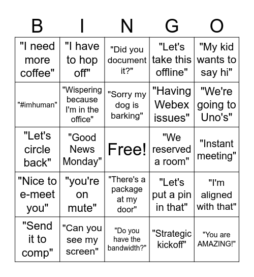 TA-Isms Bingo Card