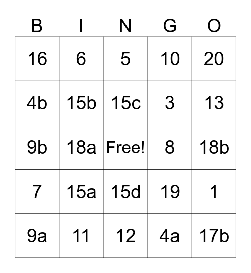 Ch. 8 Review BINGO Card