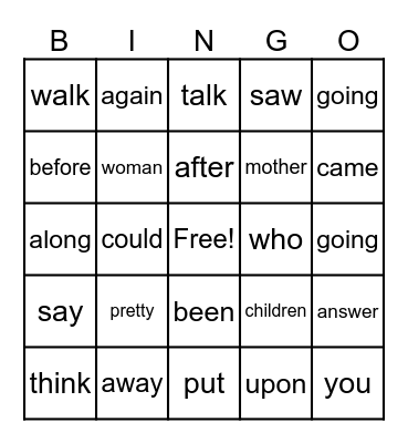 Heart Words/High Frequency Words Bingo Card