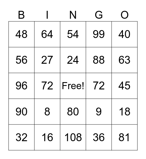Multiplication 8 & 9 Bingo Card