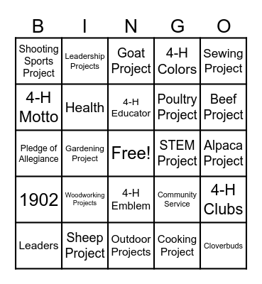 4-H Bingo! Bingo Card