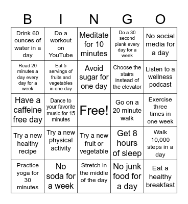 A Healthy You Bingo Card