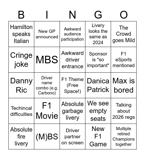 F1 75 LIVE Bingo Card