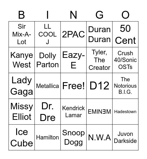 Adam’s Music Taste Bingo Card