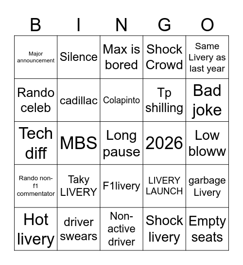 F1-75 Bingo Card