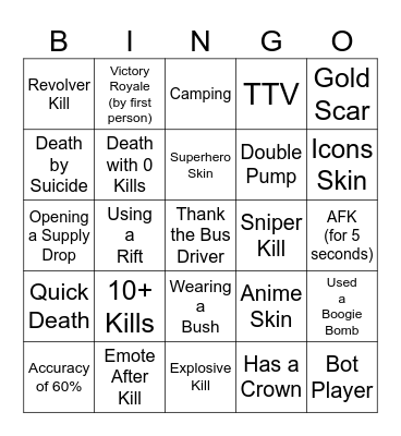 FORTNITE BINGO Card