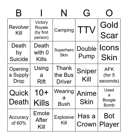 FORTNITE BINGO Card