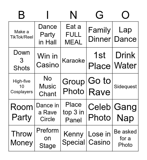 Cosplay Degen's Mizucon Bingo Card