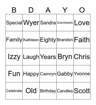 Eighty Years Loved Bingo Card