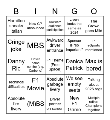 F1 75 LIVE Bingo Card